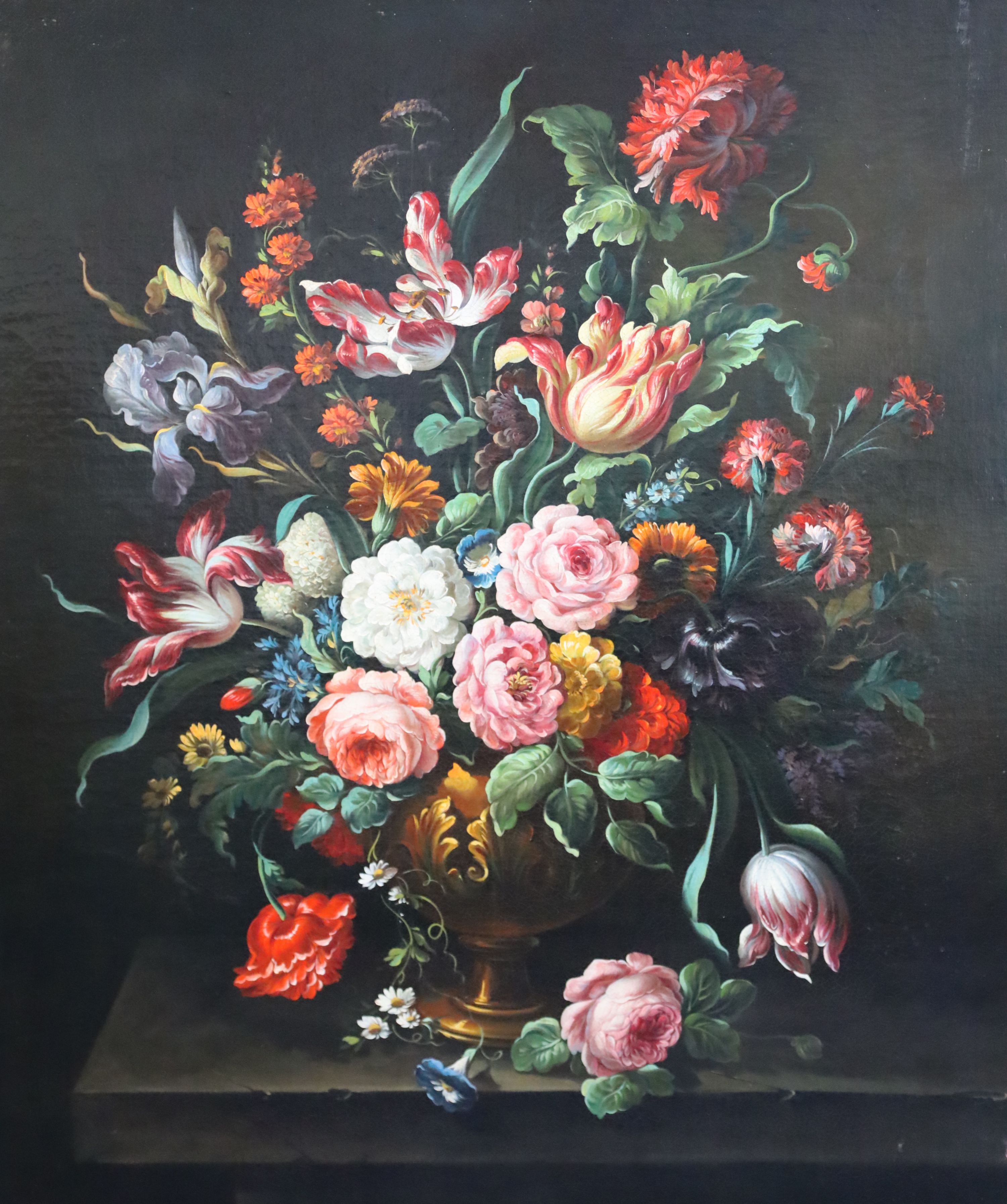 17th century Dutch style Still life of flowers in an urn upon a ledge 35 x 29in.